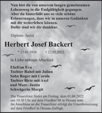 Traueranzeige von Herbert Josef Backert von Trauerkombi Dessau