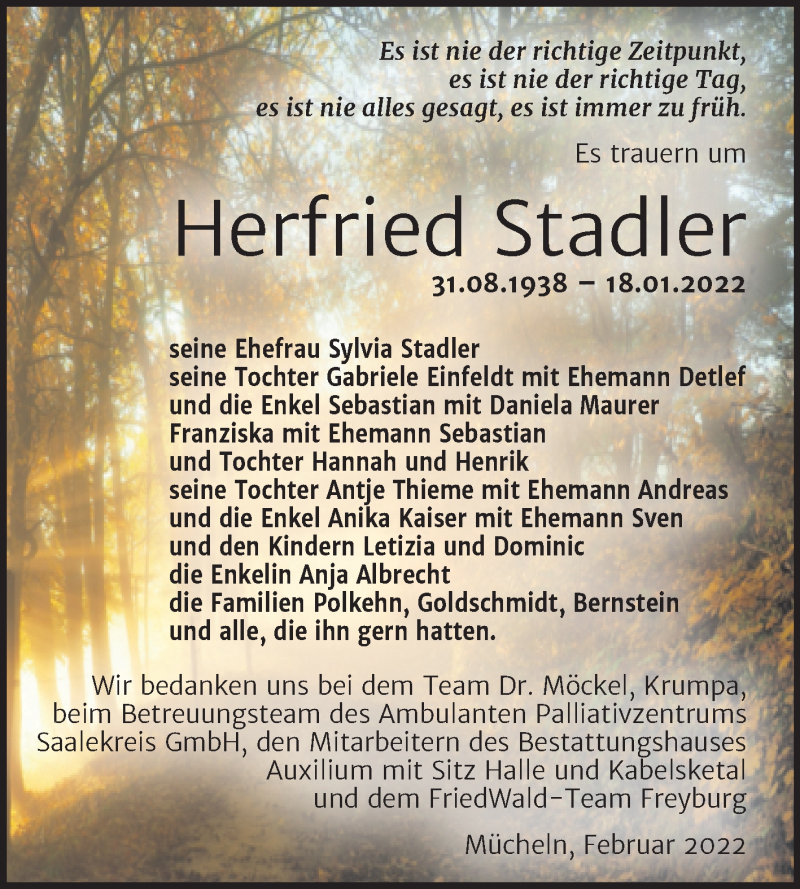  Traueranzeige für Herfried Stadler vom 19.02.2022 aus Trauerkombi Merseburg
