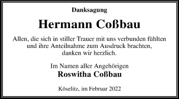Traueranzeige von Hermann Coßbau von Trauerkombi Wittenberg