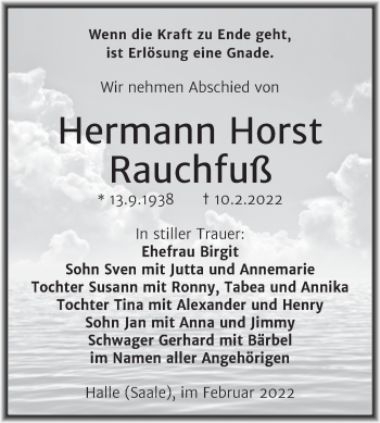 Traueranzeige von Hermann Horst Rauchfuß von Mitteldeutsche Zeitung Halle/Saalkreis
