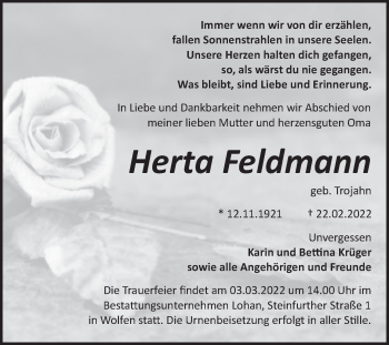 Traueranzeige von Herta Feldmann von Trauerkombi Bitterfeld