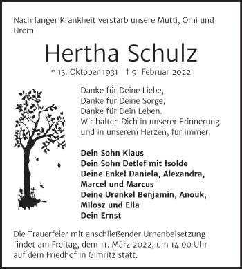 Traueranzeige von Hertha Schulz von Mitteldeutsche Zeitung Halle/Saalkreis