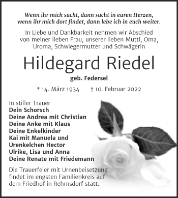 Traueranzeige von Hildegard Riedel von Trauerkombi Zeitz