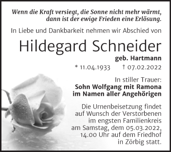 Traueranzeige von Hildegard Schneider von Trauerkombi Bitterfeld