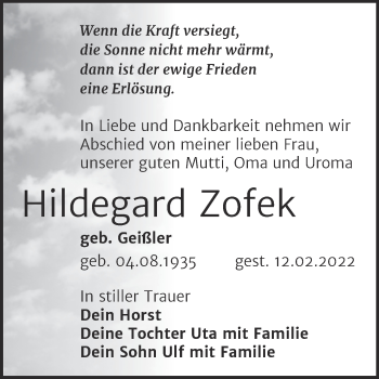 Traueranzeige von Hildegard Zofek von Trauerkombi Wittenberg