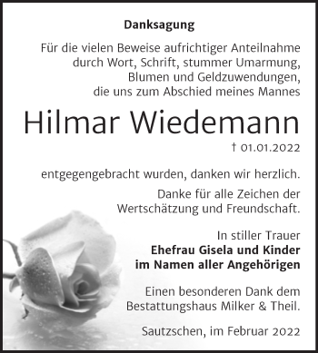 Traueranzeige von Hilmar Wiedemann von Trauerkombi Zeitz