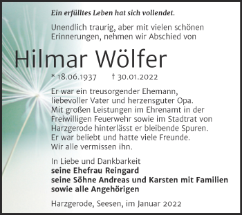 Traueranzeige von Hilmar Wölfer von Trauerkombi Quedlinburg