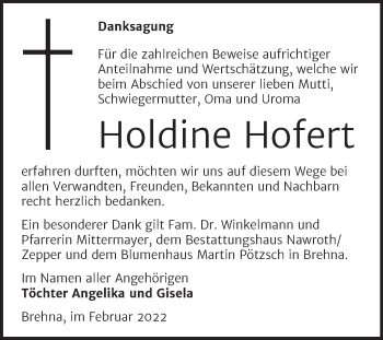 Traueranzeige von Holdine Hofert von Trauerkombi Bitterfeld