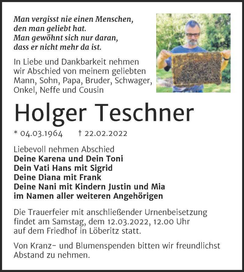  Traueranzeige für Holger Teschner vom 26.02.2022 aus Trauerkombi Bitterfeld
