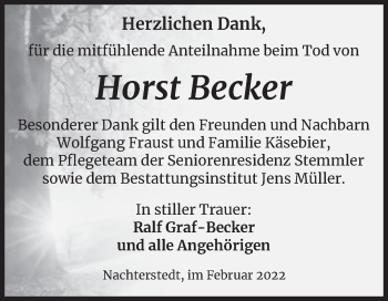 Traueranzeige von Horst Becker von Trauerkombi Aschersleben
