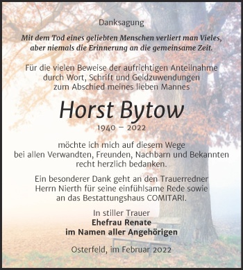 Traueranzeige von Horst Bytow von Trauerkombi Zeitz