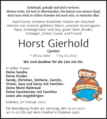 Traueranzeige von Horst Gierhold von Trauerkombi Mansfelder Land