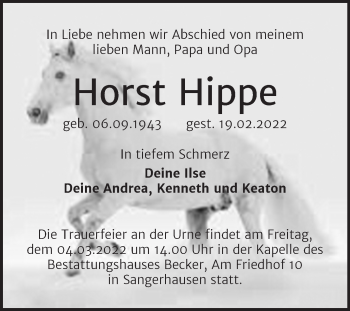 Traueranzeige von Horst Hippe von Trauerkombi Sangerhausen