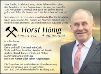 Traueranzeige von Horst Hönig von Trauerkombi Quedlinburg
