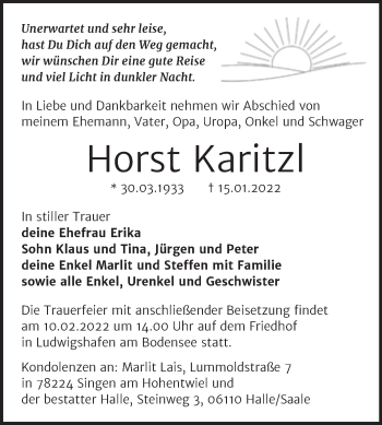 Traueranzeige von Horst Karitzl von Mitteldeutsche Zeitung Halle/Saalkreis