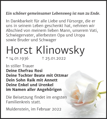 Traueranzeige von Horst Klinowsky von Trauerkombi Bitterfeld