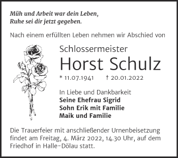 Traueranzeige von Horst Schulz von Mitteldeutsche Zeitung Halle/Saalkreis