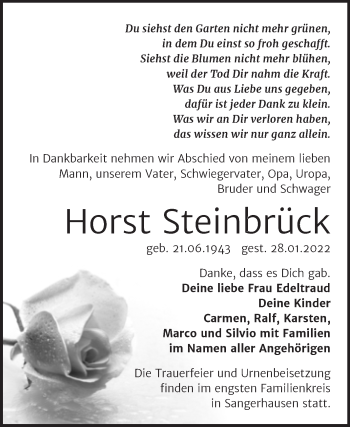 Traueranzeige von Horst Steinbrück von Mitteldeutsche Zeitung Sangerhausen