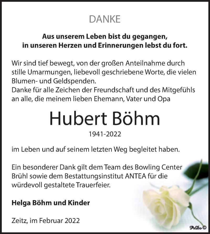  Traueranzeige für Hubert Böhm vom 26.02.2022 aus Trauerkombi Zeitz
