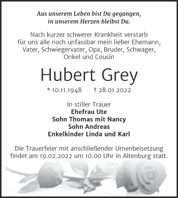 Traueranzeige von Hubert Grey von Trauerkombi Bernburg