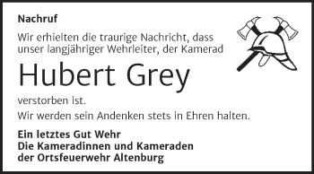 Traueranzeige von Hubert Grey von Super Sonntag Bernburg