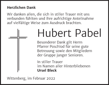 Traueranzeige von Hubert Pabel von Trauerkombi Wittenberg