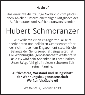 Traueranzeige von Hubert Schmoranzer von Mitteldeutsche Zeitung Weißenfels
