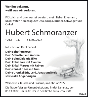 Traueranzeige von Hubert Schmoranzer von Trauerkombi Weißenfels