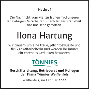 Traueranzeige von Ilona Hartung von Mitteldeutsche Zeitung Weißenfels