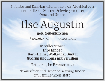 Traueranzeige von Ilse Augustin von Trauerkombi Mansfelder Land