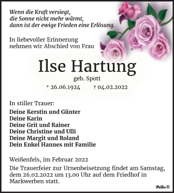 Traueranzeige von Ilse Hartung von Trauerkombi Weißenfels