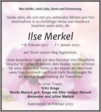 Traueranzeige von Ilse Merkel von Mitteldeutsche Zeitung Halle/Saalkreis