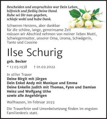 Traueranzeige von Ilse Schurig von Trauerkombi Sangerhausen