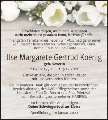 Traueranzeige von Ilse Margarete Gertrud Koenig von Super Sonntag Quedlingburg