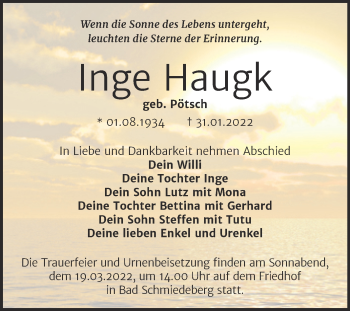 Traueranzeige von Inge Haugk von Trauerkombi Bernburg