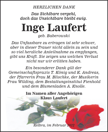 Traueranzeige von Inge Laufert von Trauerkombi Sangerhausen