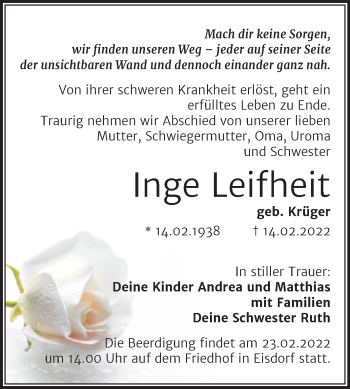 Traueranzeige von Inge Leifheit von Mitteldeutsche Zeitung Halle/Saalkreis