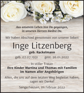 Traueranzeige von Inge Litzenberg von Trauerkombi Sangerhausen