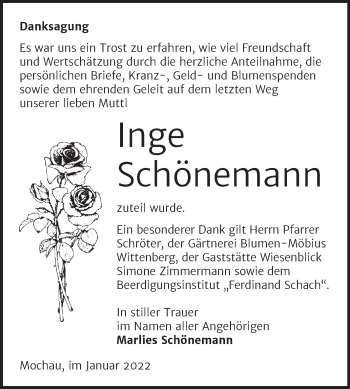 Traueranzeige von Inge Schönemann von Trauerkombi Wittenberg