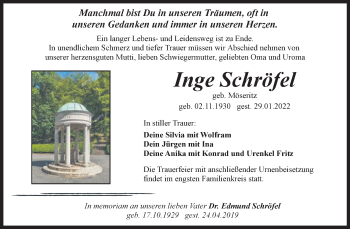 Traueranzeige von Inge Schröfel von Trauerkombi Quedlinburg