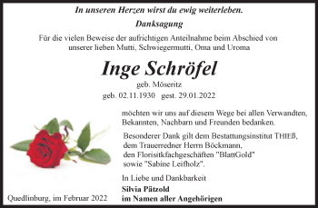 Traueranzeige von Inge Schröfel von Trauerkombi Quedlinburg