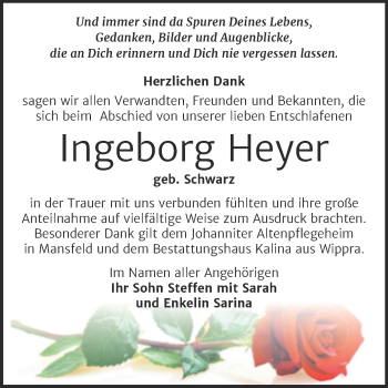 Traueranzeige von Ingeborg Heyer von Trauerkombi Mansfelder Land