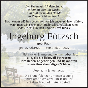 Traueranzeige von Ingeborg Pötzsch von Trauerkombi Weißenfels