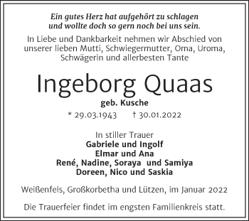 Traueranzeige von Ingeborg Quaas von Wochenspiegel Weißenfels