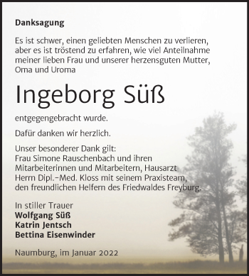 Traueranzeige von Ingeborg Süß von Naumburger Tageblatt