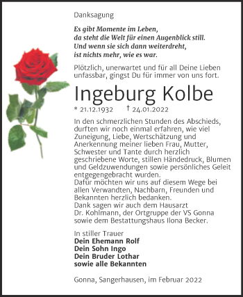 Traueranzeige von Ingeburg Kolbe von Trauerkombi Sangerhausen