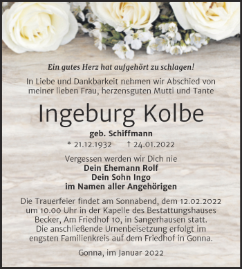 Traueranzeige von Ingeburg Kolbe von Trauerkombi Sangerhausen