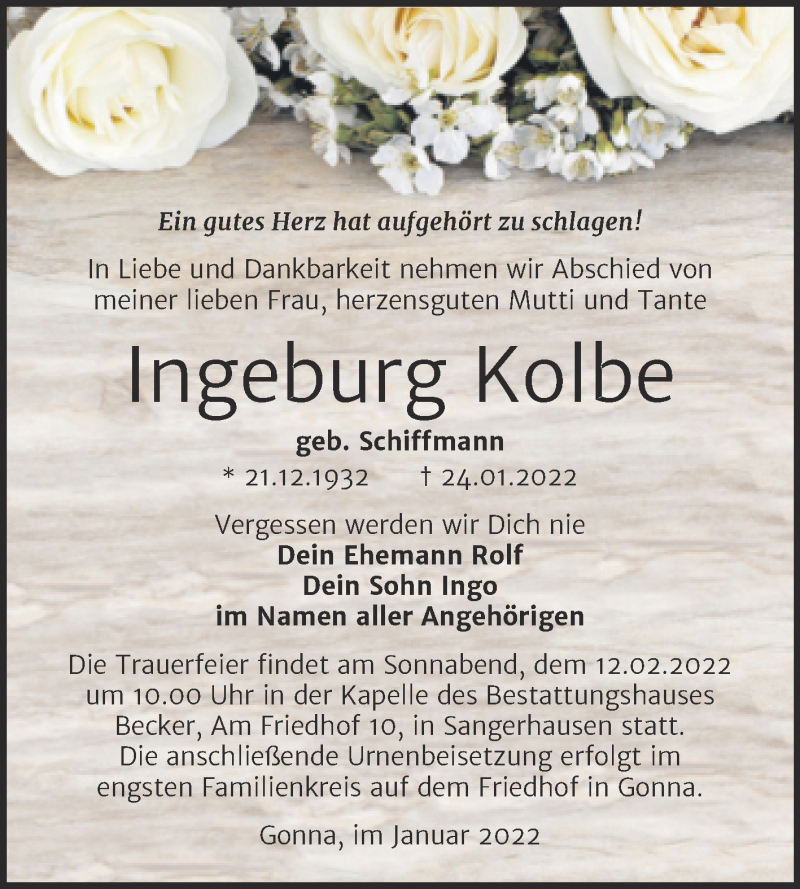  Traueranzeige für Ingeburg Kolbe vom 05.02.2022 aus Trauerkombi Sangerhausen