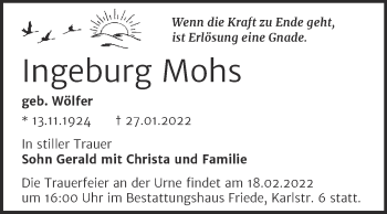 Traueranzeige von Ingeburg Mohs von Trauerkombi Dessau