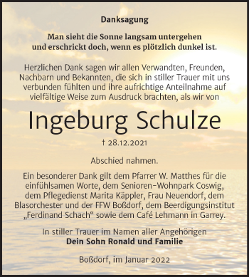 Traueranzeige von Ingeburg Schulze von Trauerkombi Wittenberg
